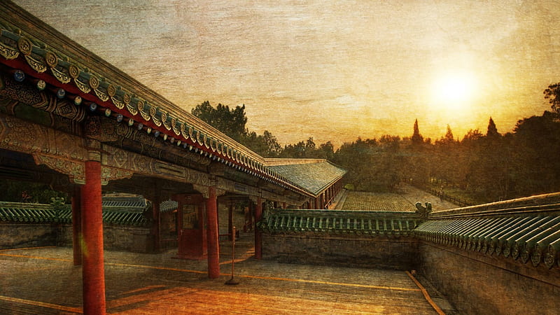 path to the temple of heaven r, roof, temple, r, sunset, wall, HD wallpaper