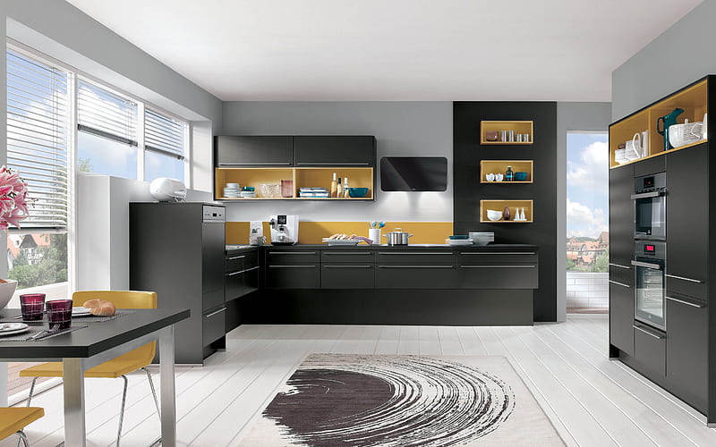 modern kitchen design, stylish modern interior, black stylish kitchen furniture, black kitchen, stylish design, HD wallpaper