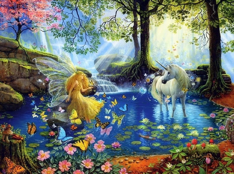 Mystical Meeting, love four seasons, butterflies, spring, attractions in dreams, unicorns, waterfalls, fantasy, paintings, fairies, flowers, nature, forests, butterfly designs, HD wallpaper