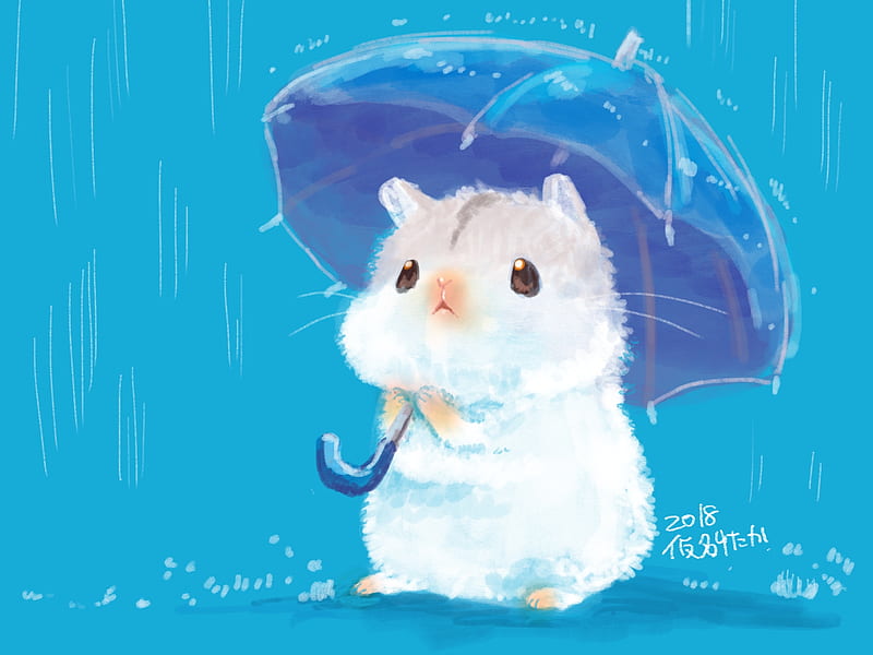 :-), yutaka kana, hamster, anime, umbrella, manga, rain, white, blue, rodent, HD wallpaper