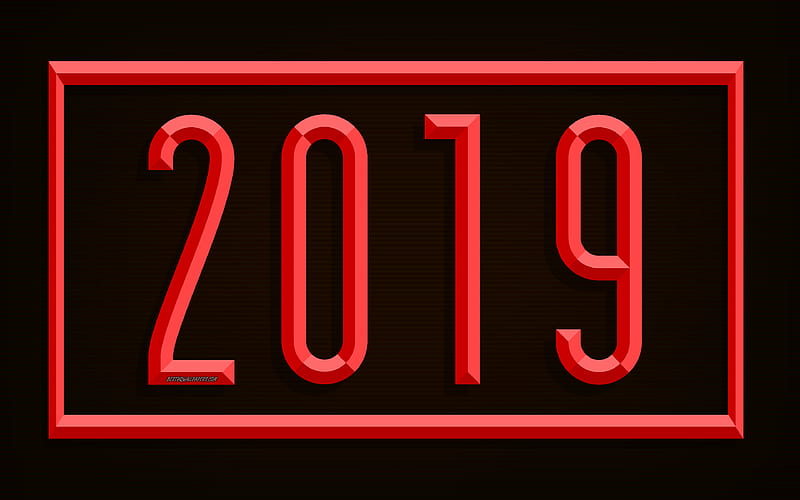 2019 Year, red digits art, red frame, brown abstract background, 2019 concepts, New Year, creative art, HD wallpaper