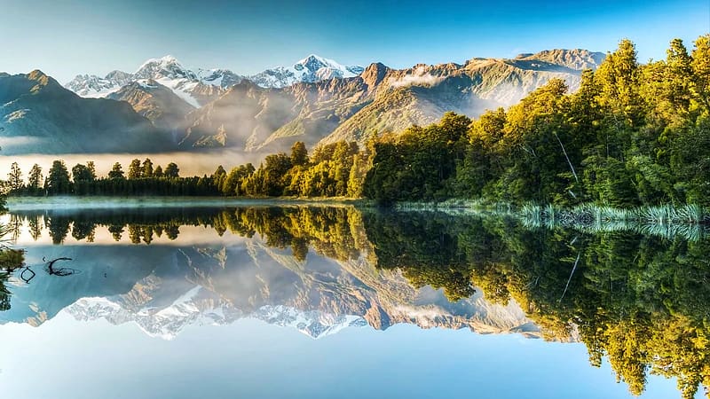 Lake Matheson Early Morning, New Zealand, landscape, reflections, mountains, water, trees, HD wallpaper