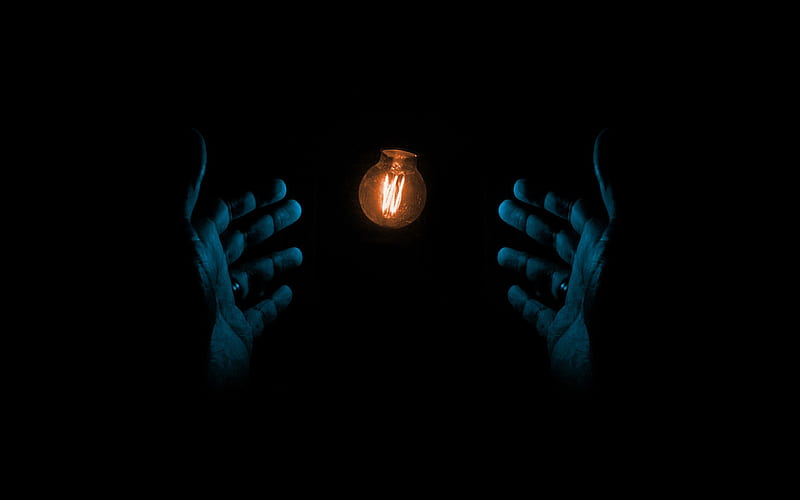 light in your hands, darkness, take care of the light, light concepts, Edison lamp, light bulb and hands, HD wallpaper