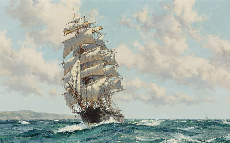 Tall Ship, painting, clouds, sea, HD wallpaper
