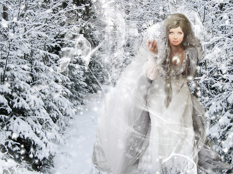 White Symphony, fantasy, snow, white, abstract, woman, winter, HD wallpaper