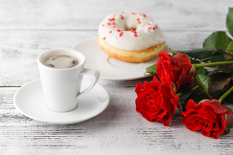 Food, Coffee, Cup, Red Flower, Rose, Still Life, HD wallpaper
