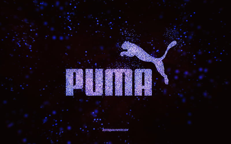 Puma glitter logo, , black background, Puma logo, purple glitter art, Puma, creative art, Puma purple glitter logo, HD wallpaper