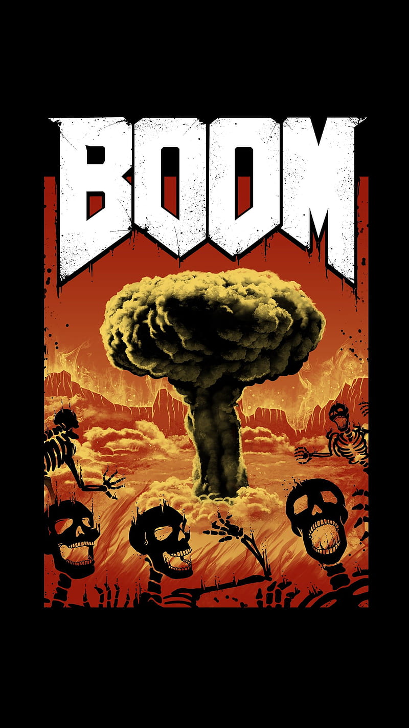 video games, nuclear, Doom (game), skeleton, artwork, digital, black background, dark humor, humor, HD phone wallpaper