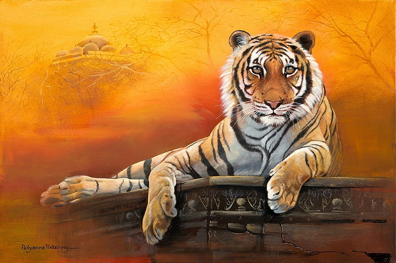 Tiger, art, orange, painting, polyanna pickering, paw, tigru, pictura, HD wallpaper