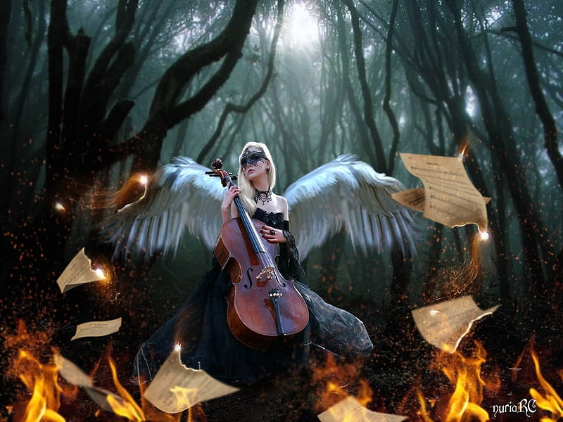 Downfall Melody, angel, music notes, mask, forest, wings, sunlight, woods, trees, sky, cello, fire, girl, HD wallpaper