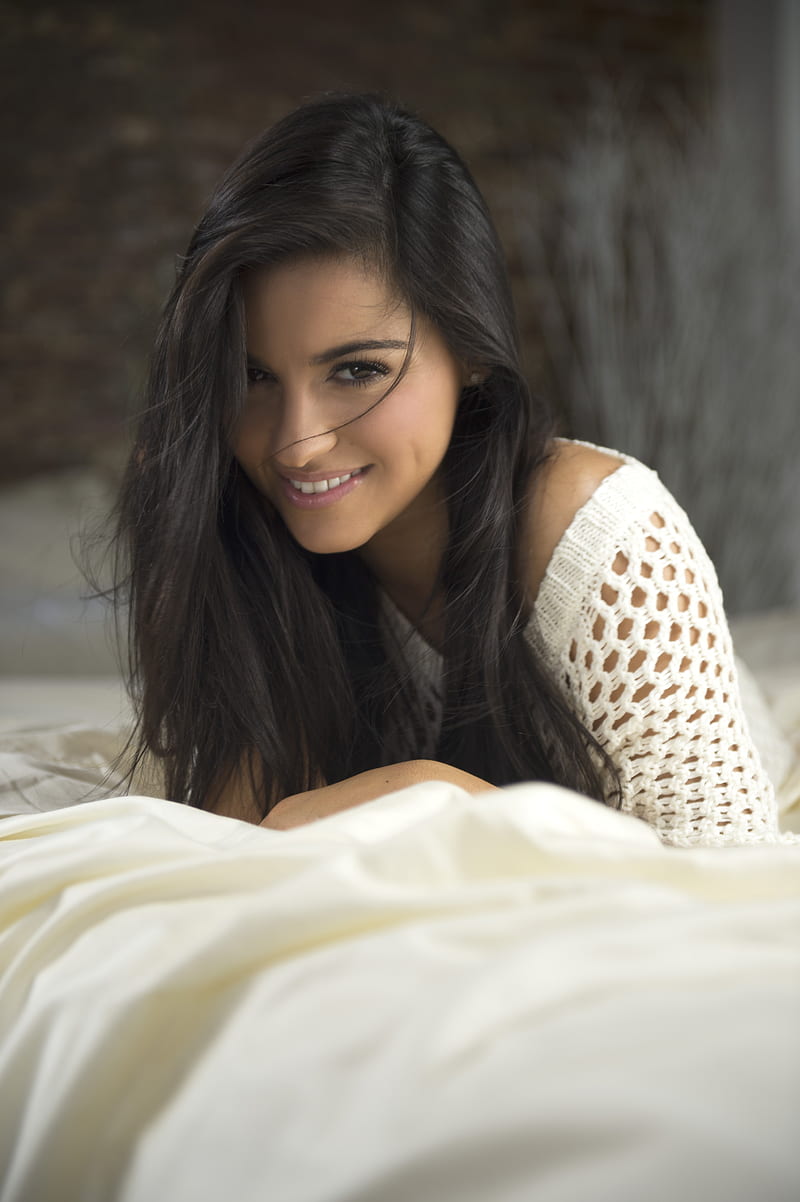Maite Perroni, Latinas, women, Mexican, mexican model, black hair, white sweater, long hair, smiling, actress, hair in face, white clothing, straight hair, pink lipstick, pearl earrings, HD phone wallpaper