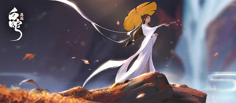 asian fantasy woman, cliff, white dress, umbrella, scenic, Fantasy, HD wallpaper
