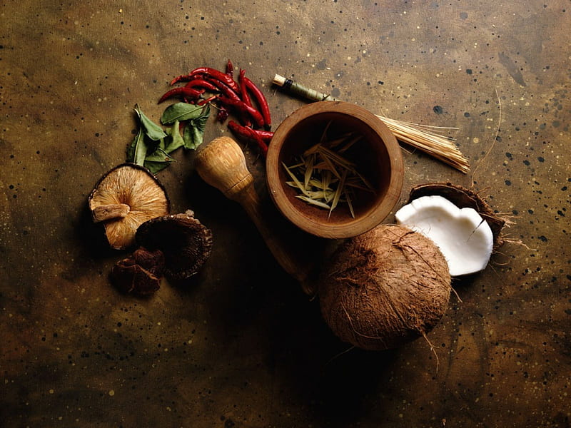 Herbs & Spices, spices, food, coconut, mushroom, herbs, pepper, nut, HD wallpaper