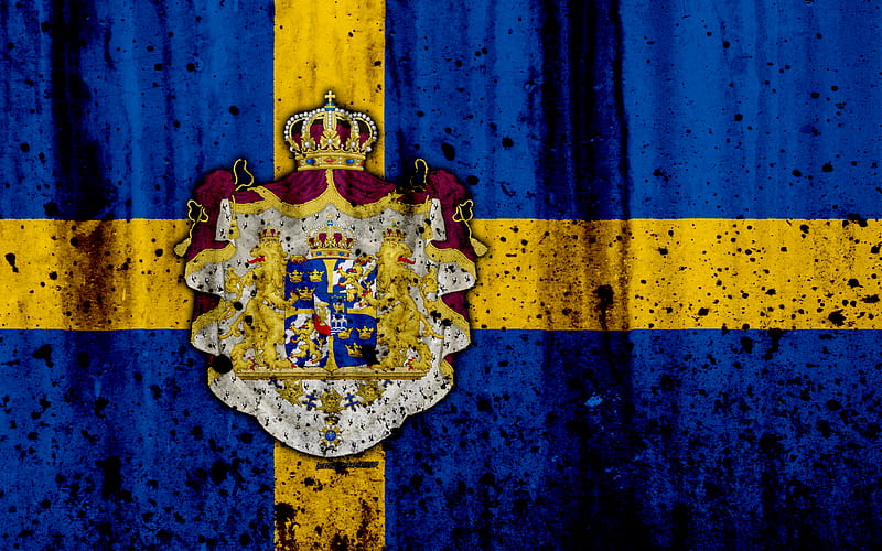 Swedish flag grunge, flag of Sweden, Europe, national symbols, Sweden, coat of arms of Sweden, Swedish coat of arms, HD wallpaper