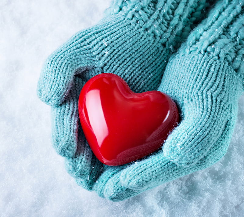 With Love, heart, love, mittens, snow, winter, HD wallpaper