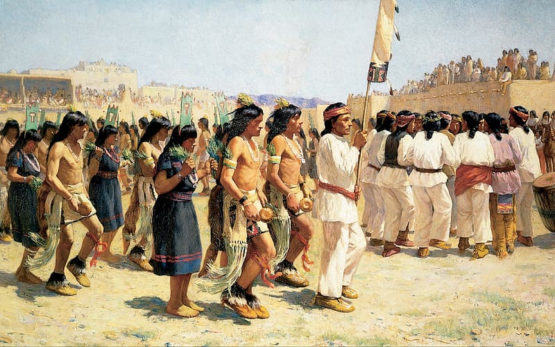 The Harvest Dance, painting, art, pictura, man, indian, people, joseph henry sharp, 1893, american, native, HD wallpaper
