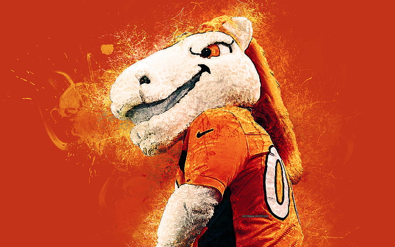 Miles, official mascot, Denver Broncos art, NFL, USA, grunge art, symbol, orange background, paint art, National Football League, orange horse, NFL mascots, Denver Broncos mascot, HD wallpaper