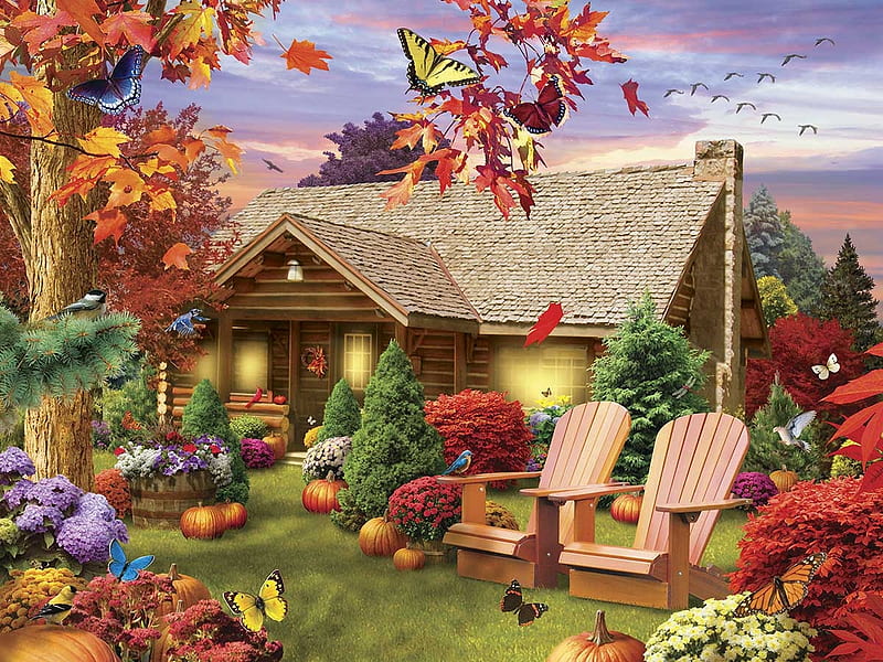 Autumn Warmth, leaves, birds, butterflies, cabin, trees, artwork, pumpkins, armchairs, digital, HD wallpaper