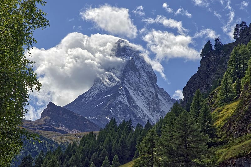 Matterhorn -Zermatt - Switzerland, termeszet, alpok, svajc, felhok, hegy, fak, HD wallpaper