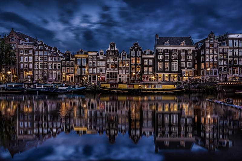 Cities, Night, Reflection, Light, House, Boat, Netherlands, Amsterdam, , Canal, HD wallpaper