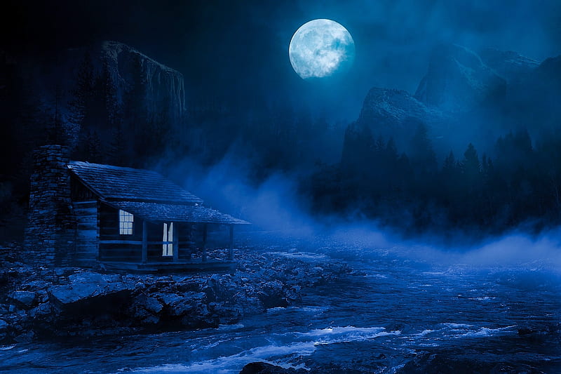 Full Moon over Lakeside Cabin, HD wallpaper