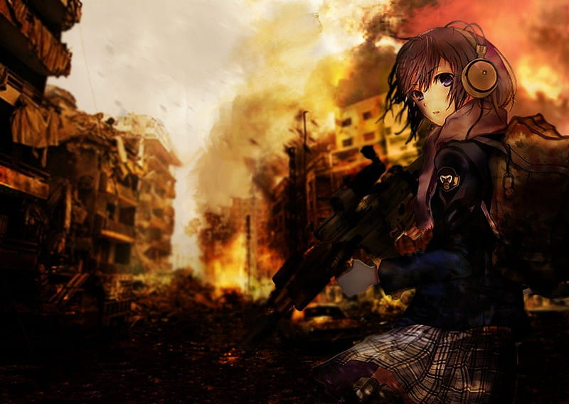 Random Anime Girl with Gun., desert, destruction, headphones, warfare, school, carros, fire, modern, gun, girl, backpack, anime, HD wallpaper