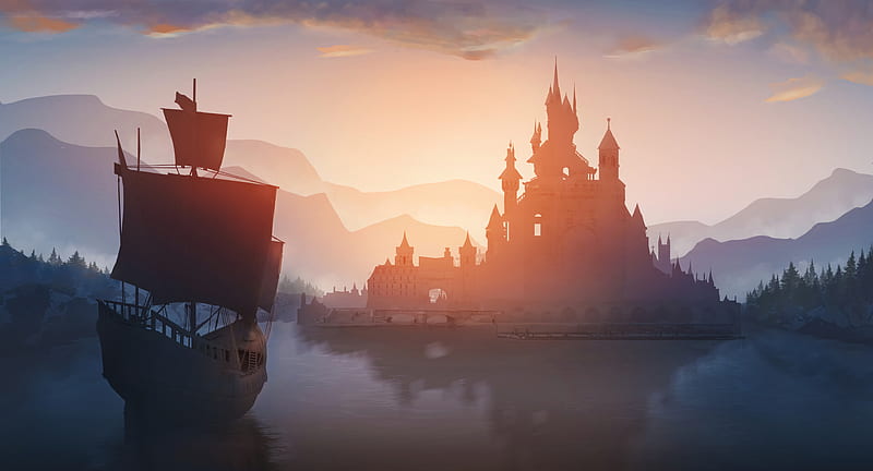 ship, castle, port, art, HD wallpaper