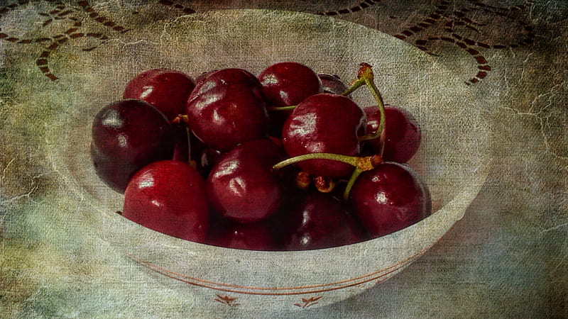 A bowl of cherries, fruit, red, fresh, bowl, juicy, HD wallpaper