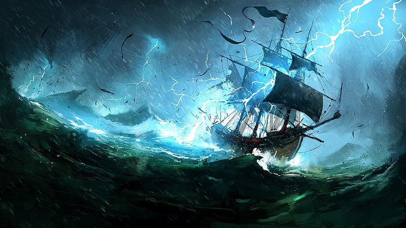 sailing ship, storm, lightning, waves, ocean, Fantasy, HD wallpaper