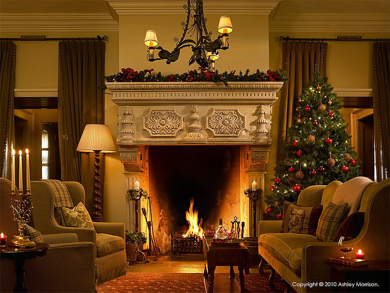 Christmas, fireplace, christmas tree, house, living room, HD wallpaper
