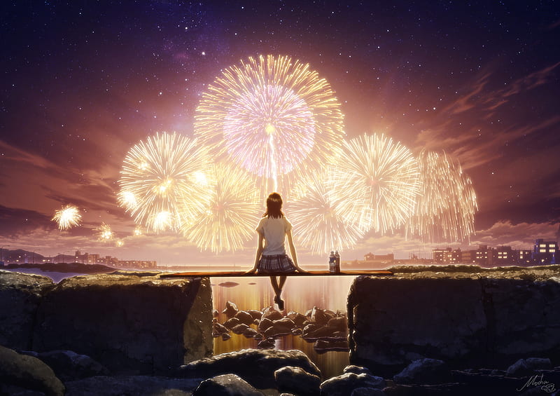 Anime-festival-anime-girl-fireworks-kimono-brown-h by gurung on DeviantArt