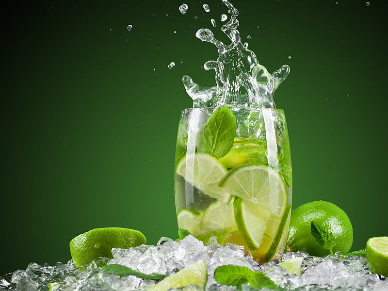 Summer and drinks mojito, Water, Splash, Lemons, Ice, Green, HD wallpaper
