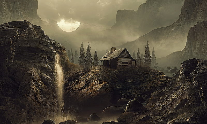 The Moon is Down, fantasy land, mountains, darkness, waterfall, clouds, Fantasy, house, moon, Rocks, Ominous, HD wallpaper