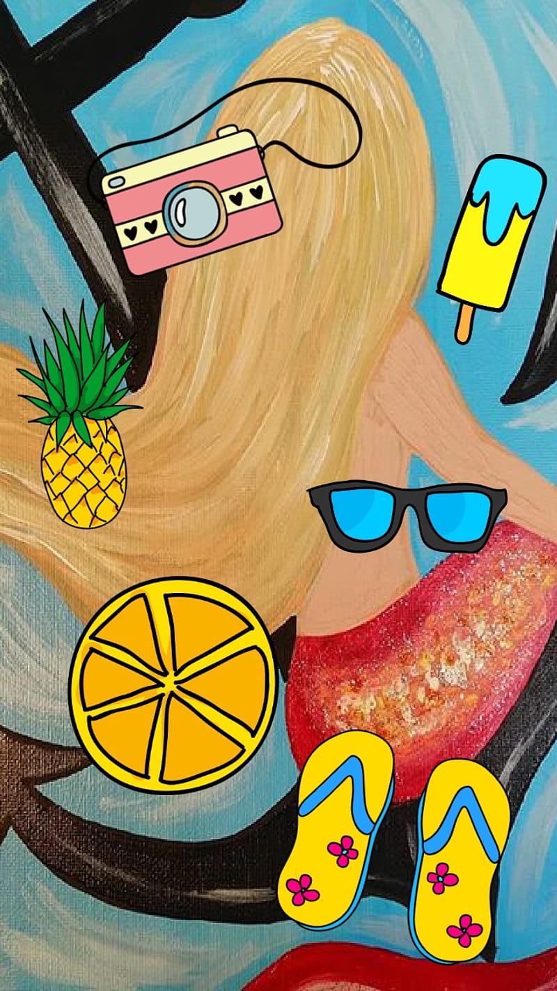 Fantasy Island, camera, flip flops, mermaid, pineapple, summer, sun, sunglasses, HD phone wallpaper