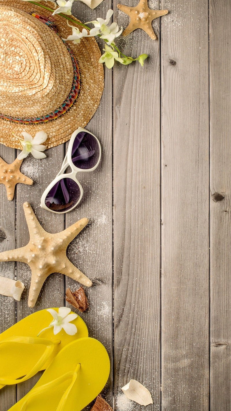 Summer, hat, starfish, sunglasses, wood, HD phone wallpaper