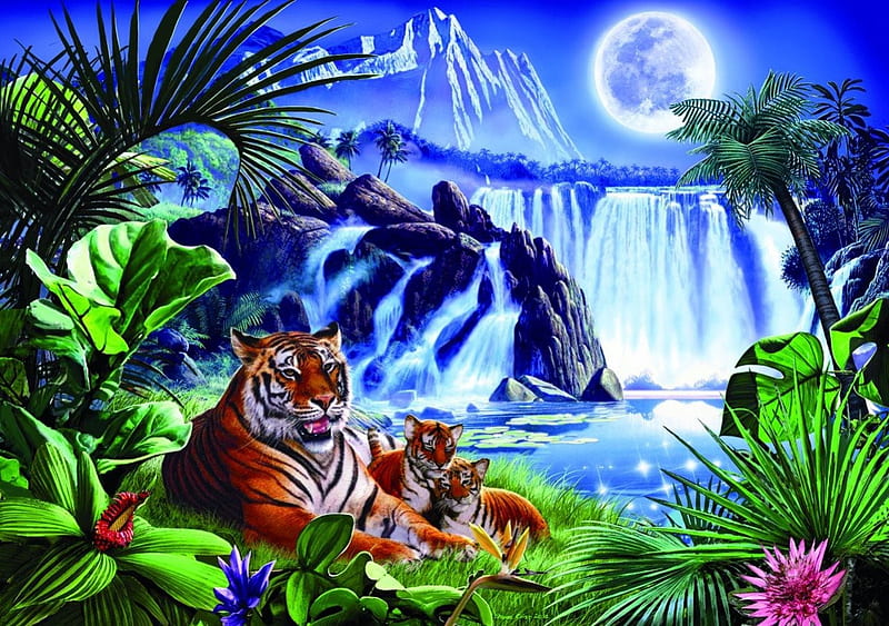 Wildlife, painting, tigers, waterfall, flowers, HD wallpaper