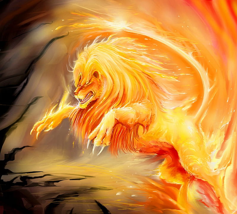 Fire Lion, painting, cat, abstract, cats, lion, animal, HD wallpaper