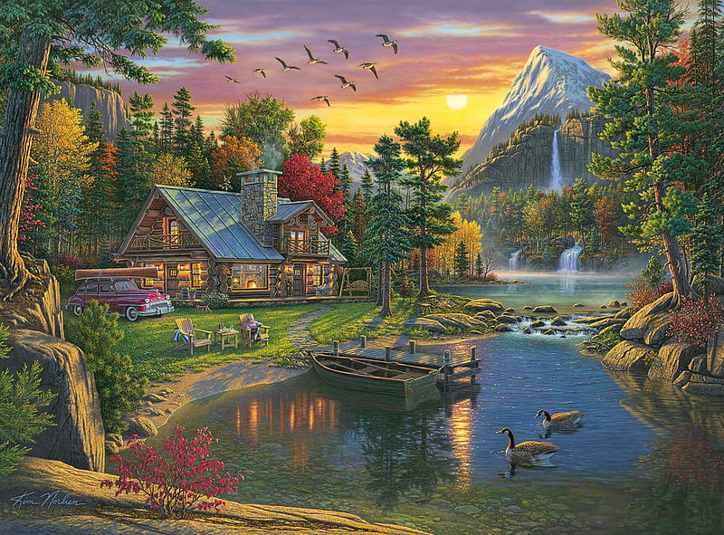 Mountain Paradise, cottage car, geese, mountain, cabin, waterfall, HD wallpaper