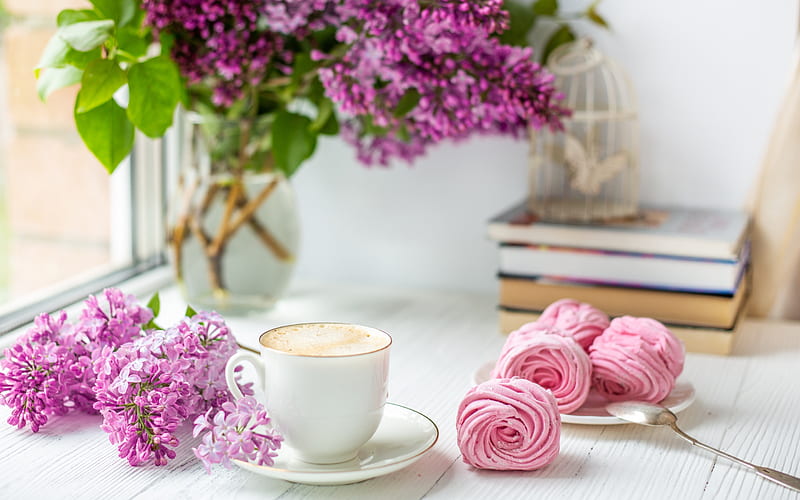Good Morning!, sweets, coffee, flower, cup, spring, white, pink, dessert, lilac, HD wallpaper