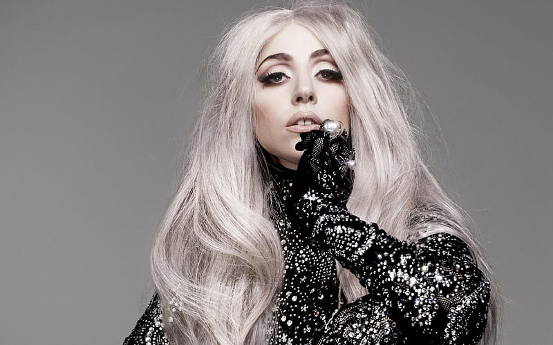 Lady Gaga, American singer, portrait, make-up, black dress with rhinestones, HD wallpaper