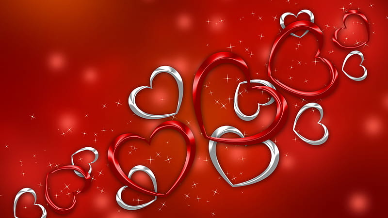 Silver And Red Metallic Hearts In Bokeh Background Heart, HD wallpaper