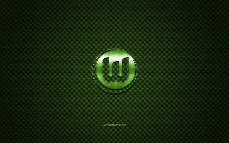 VfL Wolfsburg, German football club, Bundesliga, green logo, green carbon fiber background, football, Wolfsburg, Germany, VfL Wolfsburg logo, HD wallpaper