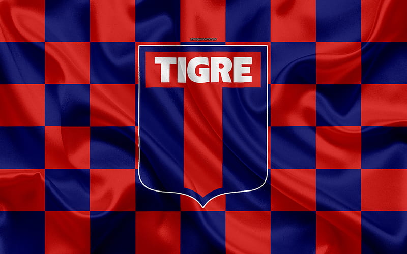 CA Tigre logo, creative art, blue red checkered flag, Argentinian football club, Argentine Superleague, Primera Division, emblem, silk texture, Victoria, Argentina, football, Club Atletico Tigre, HD wallpaper