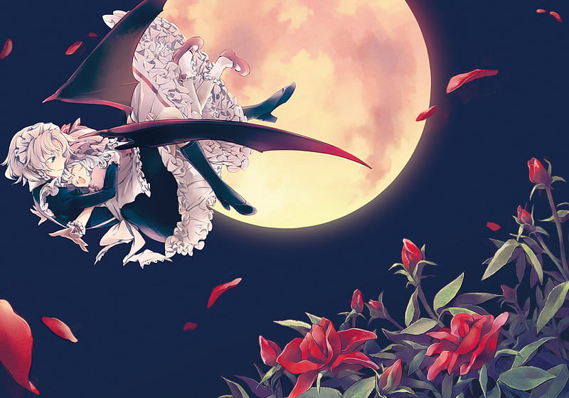 Remilia & Sakuya, bat wings, roses, remilia scarlet, hug, moon, anime, izayoi sakuya, touhou, flowers, sakuya, remilia, night, HD wallpaper