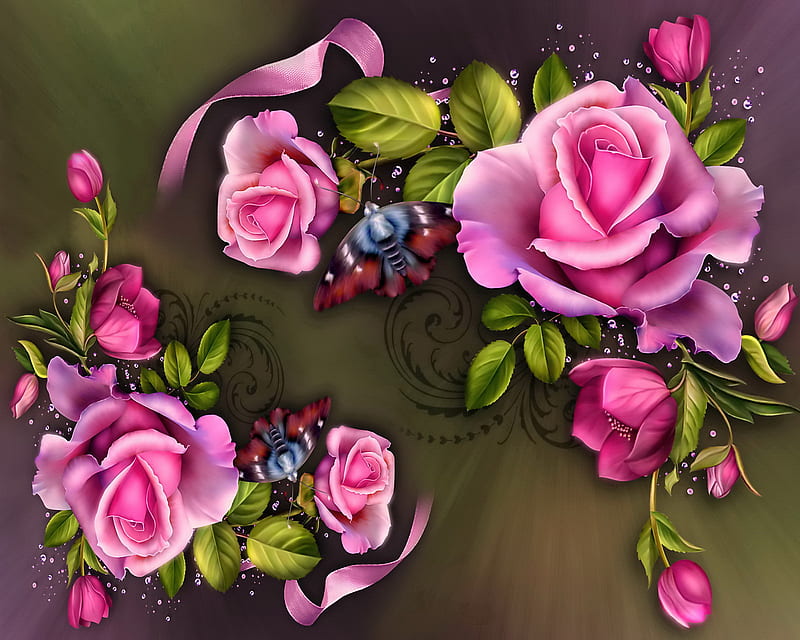Floral Roses, bloom, butterfly, flowers, pink, HD wallpaper
