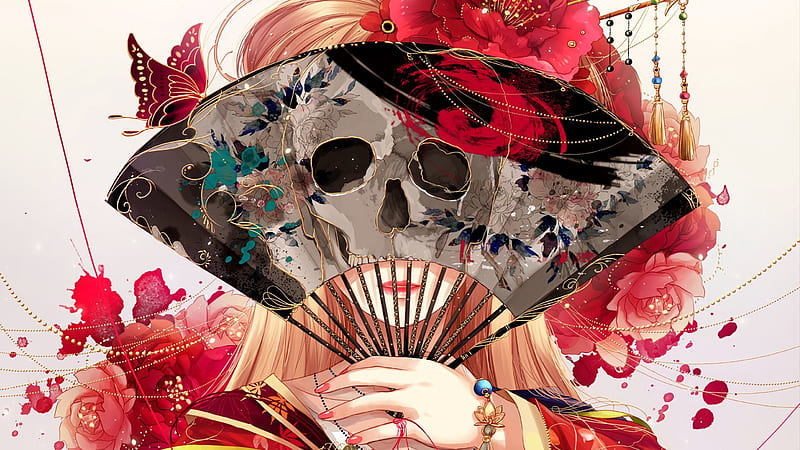 Anime, Flower, Butterfly, Blonde, Skull, Fan, Original, HD wallpaper