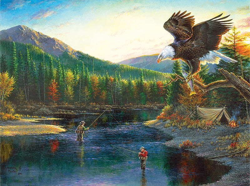 Fishermen, mountains, men, forest, painting, eagle, river, artwork, HD wallpaper