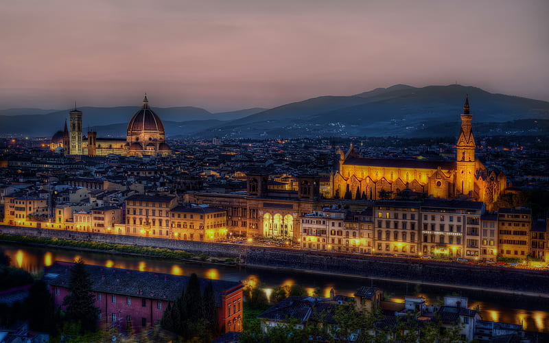 Florence, Santa Maria del Fiore, Cathedral, church, evening, sunset, city lights, Italy, HD wallpaper