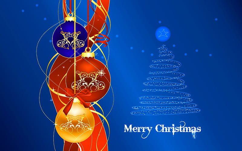 Merry Christmas friends, red, tree, gold, balls, christmas greeting, blue, HD wallpaper