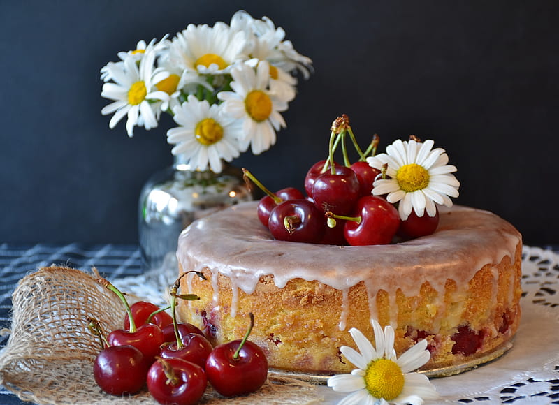 Cake, still, cherries, icing, abstract, sponge, daisies, fruit, graphy, flowers, white, HD wallpaper